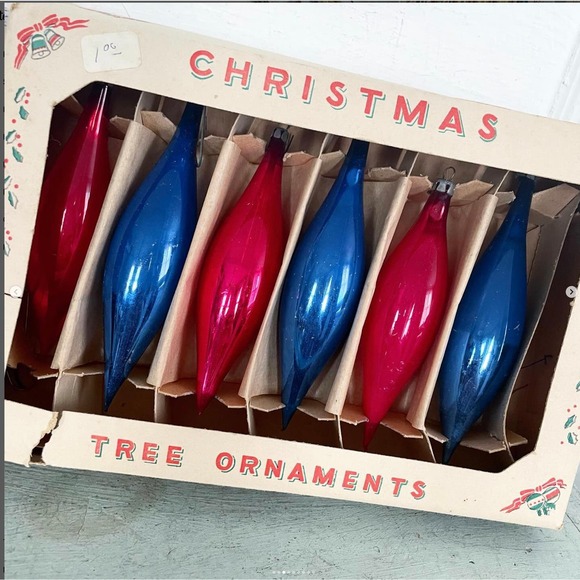 Vintage Christmas Ornaments Icicle Glass Patriotic Americana Poland Box Set 6B - Picture 3 of 9